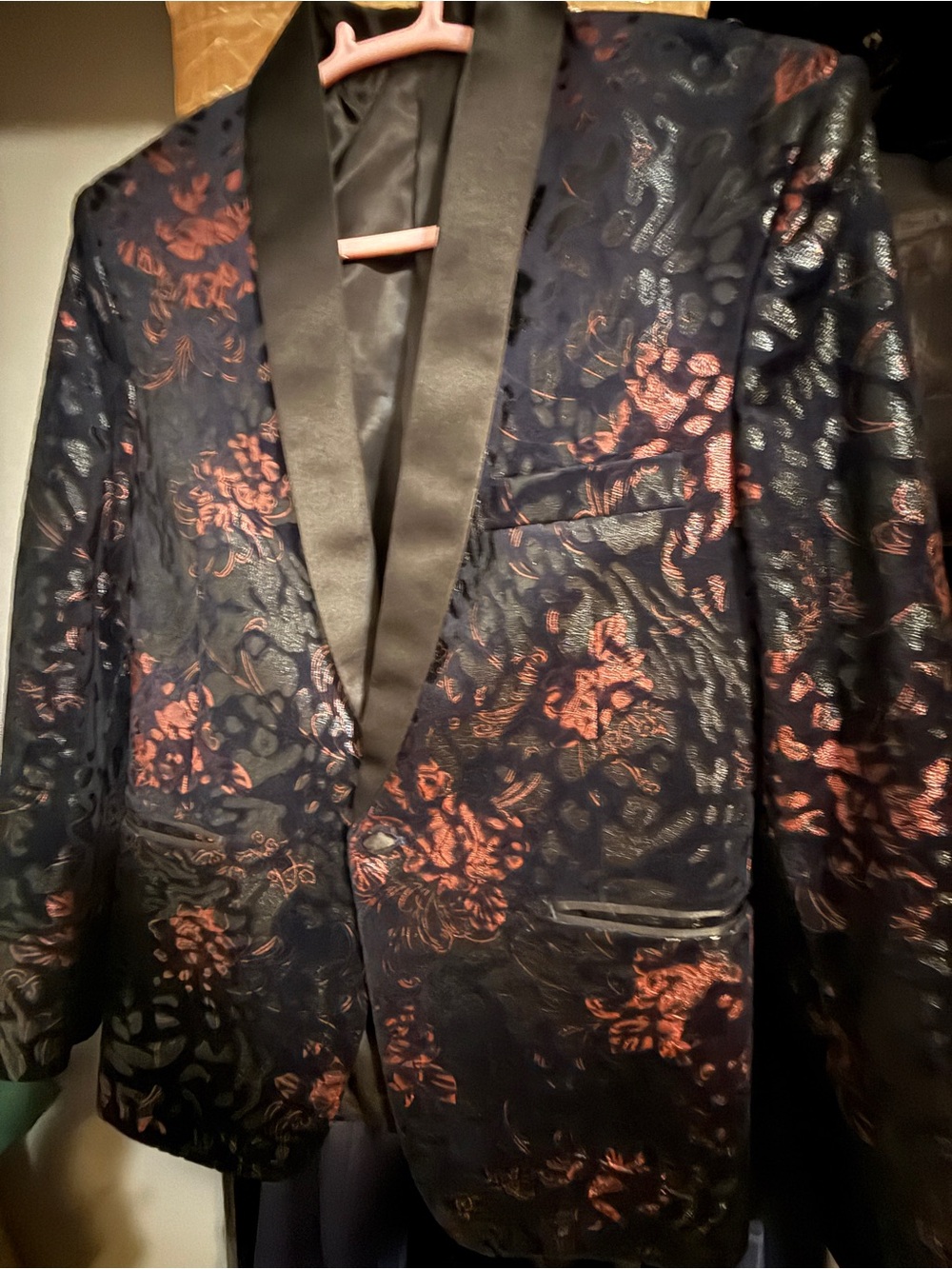Men's Navy Floral Satin Shawl Lapel Blazer - Navy with Copper Floral